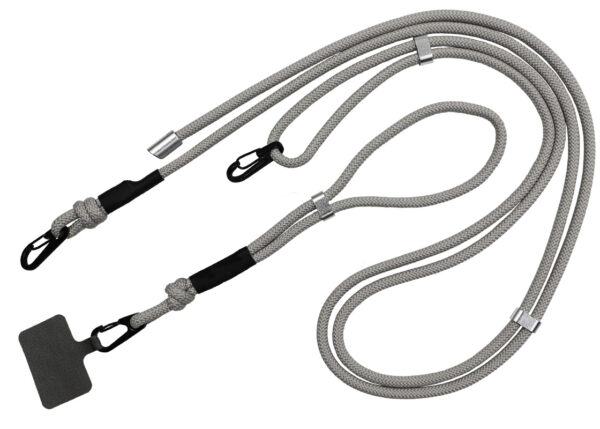 An elegant personalized 2-in-1 lanyard in gray with two carabiners - a high-quality, customizable promotional accessory for professional branding. Discover the customized solutions from AMGS Group.