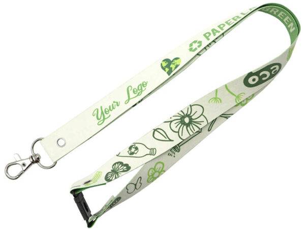 Paper Lanyard With Safety Breakaway. Custom waterproof paper lanyard with breakaway clasp, based on innovative washpaper technology. Available with single- or double-sided sublimation print. Offered by AMGS Group.