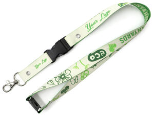 Custom Paper Lanyard with Safety Breakaway & Buckle. Eco lanyard with breakaway and buckle. Allows protection and quick release. Available at AMGS Group.