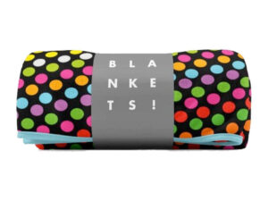 Rolled fleece blanket with sublimation printing. This blanket features colorful polka dots, is warm and durable. One side is fully customizable. AMGS Group.