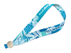 Blue personalized rPET wristband with AMGS Group logo – ideal for green festivals and events. AMGS Group.