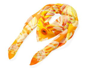 Yellow personalized scarf with print and logo. A promotional gadget for corporate events from AMGS Group.