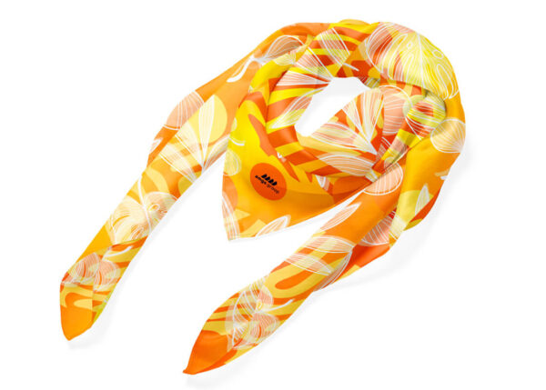 Yellow personalized scarf with print and logo. A promotional gadget for corporate events from AMGS Group.
