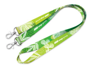 Polyester lanyard with two hooks in a green botanical pattern. The carabiners allow easy attachment of an ID badge.