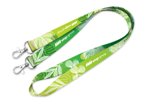Polyester lanyard with two hooks in a green botanical pattern. The carabiners allow easy attachment of an ID badge.