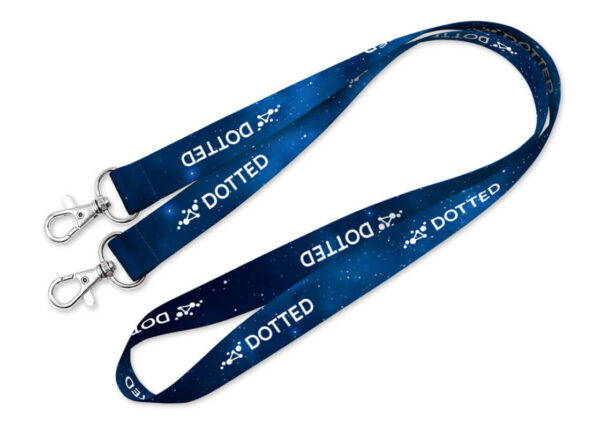 General view of the lanyard with a galactic sublimation pattern and two hooks. Available at AMGS Group.