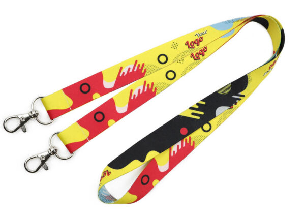 Patterned polyester lanyard with double carabiners for added stability – prevents ID badges from rotating. Available from AMGS Group.