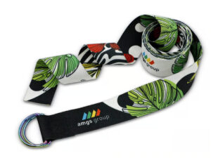 Custom yoga strap with full-color sublimation print - AMGS Group branding.