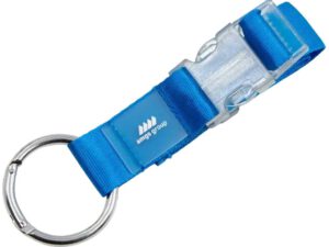 Blue-branded keychain with clear clip buckle and round metal ring. Personalization available with sublimation technology at AMGS Group