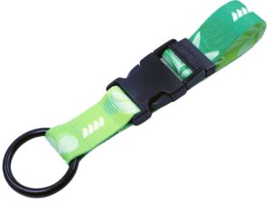 Green branded keychain with black clip buckle and metal ring. Available at AMGS Group.