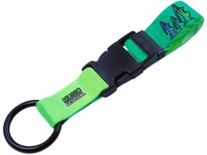 Green mounting lanyard with connector, made of durable polyester tape, featuring a black buckle and a round metal ring. Full-color sublimation printing available. Available at AMGS Group.