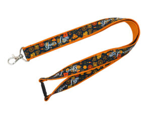 A sewn-on lanyard with a tear-off strap from AMGS Group. Sublimation print with an autumn theme. Comfort and quality.