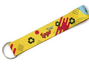 A short polyester keychain with a colorful sublimation print and a metal keyring from AMGS Group.