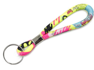 A tubular keyring lanyard featuring a metal keyring, ideal for secure key organization.