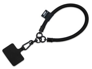 Short, black tubular lanyard (15 cm) for wrist with logo print.