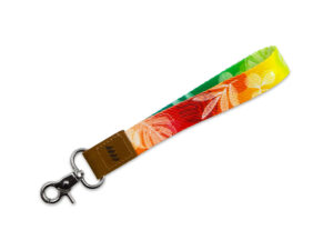 Exclusive eco-friendly short rPET lanyard with leather trim and sublimation print from AMGS Group.