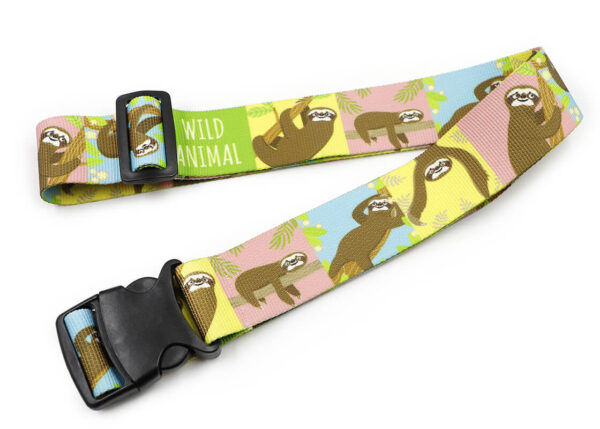 Colorful personalized luggage strap with a playful sloth design, perfect for branding and travel. The strap features a mix of pastel colors and the phrase “Wild Animal” for a fun, eye-catching look. Made from high-quality ribbed polyester. AMGS Group.