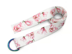 A personalized yoga belt with company logo – a promotional option for the sports and wellness industry. Available from AMGS Group.