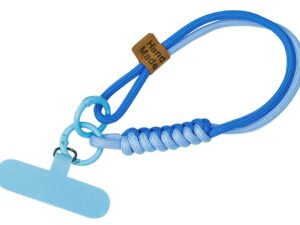 Short braided paracord lanyard with a metal rings and a personalized phone holder featuring the company logo. Color available from the Pantone palette (blue). Available at AMGS Group.