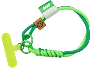 Green short braided paracord lanyard with a metal rings and a phone holder Pantone pallete.. Available at AMGS Group.