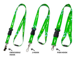 Detail of the seamless rPET lanyard, showing the plastic connector and lobster clasp in black.