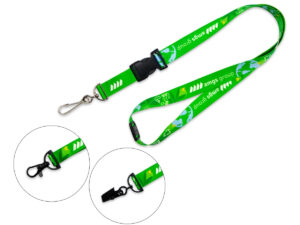 Eco-friendly green seamless rPET lanyard with vibrant sublimation print and safety breakaway – available at AMGS Group.