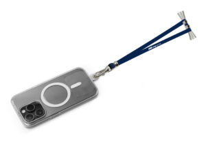 Stylish rPET long lanyard with leather accent, metal clasp, and embossed logo, perfect for corporate branding and events.