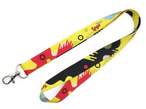 Colorful yellow polyester lanyard with artistic pattern and 'Your Logo' print, ideal for creative and eye-catching brand presentations. Available at AMGS Group.