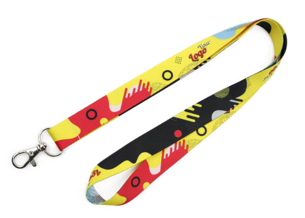 Colorful yellow polyester lanyard with artistic pattern and 'Your Logo' print, ideal for creative and eye-catching brand presentations. Available at AMGS Group.