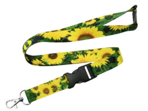 Colorful polyester lanyard with sunflower pattern, safety breakaway, and detachable buckle – perfect for summer events. Available at AMGS Group