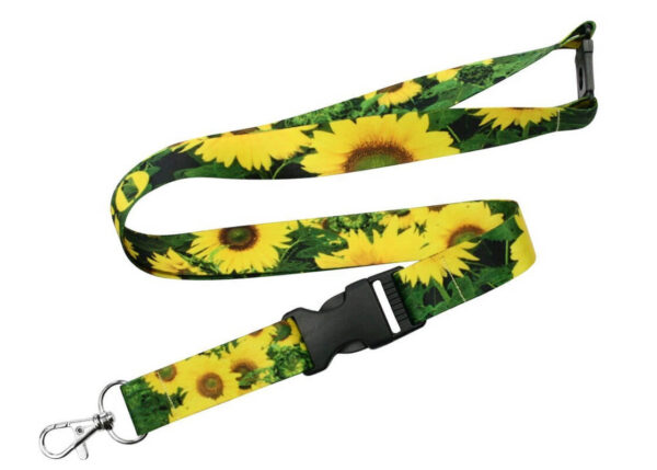 Colorful polyester lanyard with sunflower pattern, safety breakaway, and detachable buckle – perfect for summer events. Available at AMGS Group