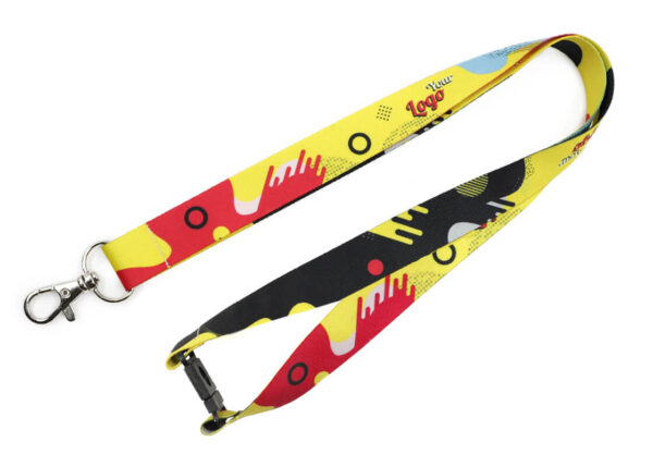 Polyester lanyard with a breakaway cord and sublimation print. The safety breakaway mechanism allows for quick disconnection with a strong tug. AMGS Group.
