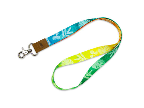 Elegant and eco-conscious rPET lanyard with leather detailing and sublimation print. Available at AMGS Group.
