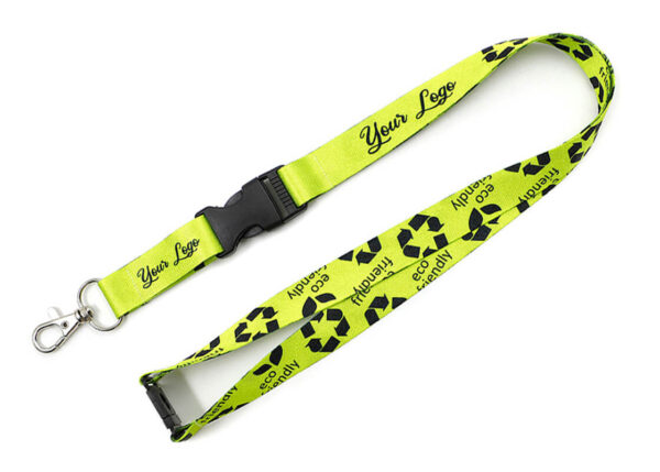 A lanyard with a connector and breakaway clip from AMGS Group. An eco-friendly, neon-colored lanyard.