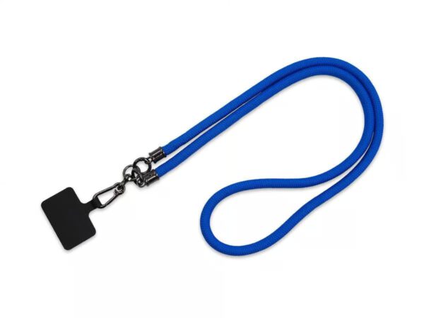 Blue tubular lanyard, long (60 cm), with phone adapter – a promotional gadget. Available at AMGS Group.