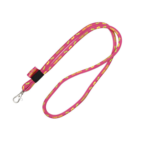 Red tubular polyester lanyard with sublimation print and metal carabiner from AMGS Group.