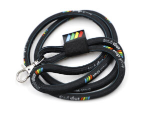 Durable black tubular polyester lanyard with high-quality sublimation print – available from AMGS Group.