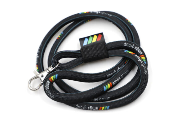 Durable black tubular polyester lanyard with high-quality sublimation print – available from AMGS Group.