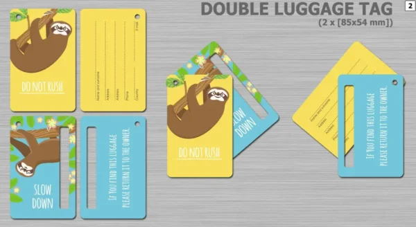 Durable PVC luggage tag with custom print – includes logo and contact info.