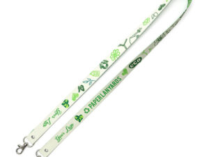 View of two carabiners attached to a washable paper lanyard for stable ID placement and durable sublimation print. Available at AMGS Group.