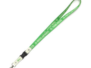 Green eco-friendly lanyard made of waterproof paper with a connector. Printed using sublimation technology. Available at AMGS Group.