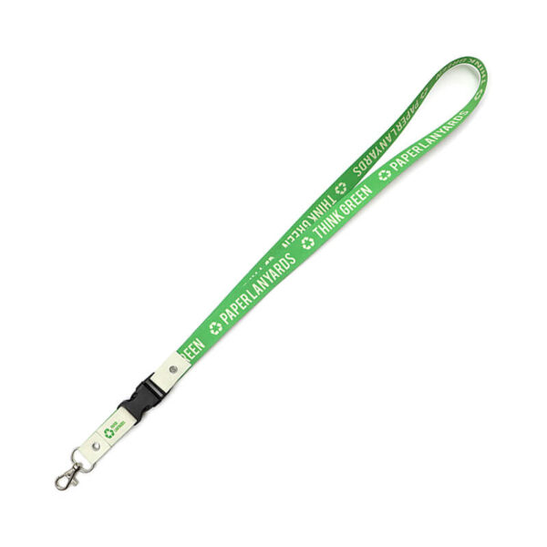 Green eco-friendly lanyard made of waterproof paper with a connector. Printed using sublimation technology. Available at AMGS Group.