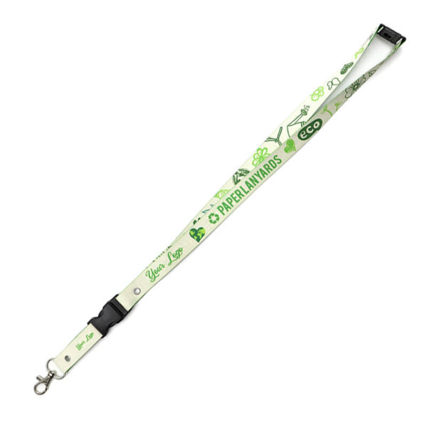 Lanyard made of durable washpaper, equipped with a breakaway safety clasp and a connector for secure and quick release of keys or an ID badge. Available at AMGS Group.