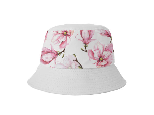 Vibrant floral bucket hat with full-color sublimation branding by AMGS Group.