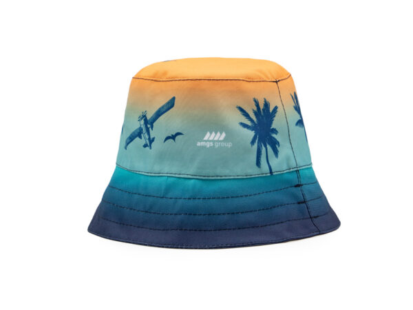 Tropical-themed bucket hat featuring palm trees and customizable branding.