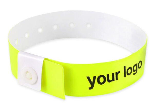 Neon yellow vinyl wristband with black "your logo" custom print. Example of personalized entry bands for conferences and events. Manufacturer AMGS Group.