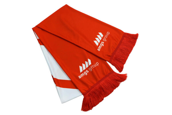Double-sided red and white supporters’ scarf with AMGS Group logo on both ends and long tassels.
