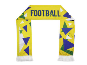 Yellow football scarf with bold FOOTBALL lettering and multicolour geometric artwork, finished with white tassels.
