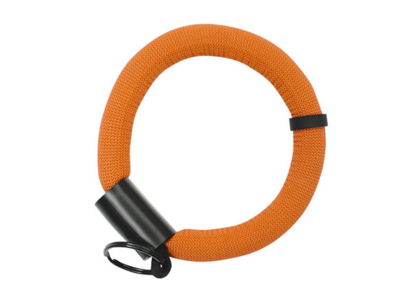 Floating wrist strap for keys with a print area. Orange color with metal clasp. Available at AMGS Group.