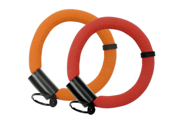 Two foam wrist straps – one in red, the other in orange. Short floating strap with logo. Worn on the wrist. Personalized. Available at AMGS Group.